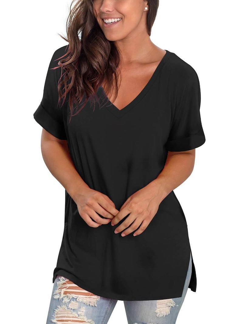 SAMPEEL V Neck T Shirts Women Short Sleeve Tee Tops Summer Loose Casual High Low Black S - Image 4